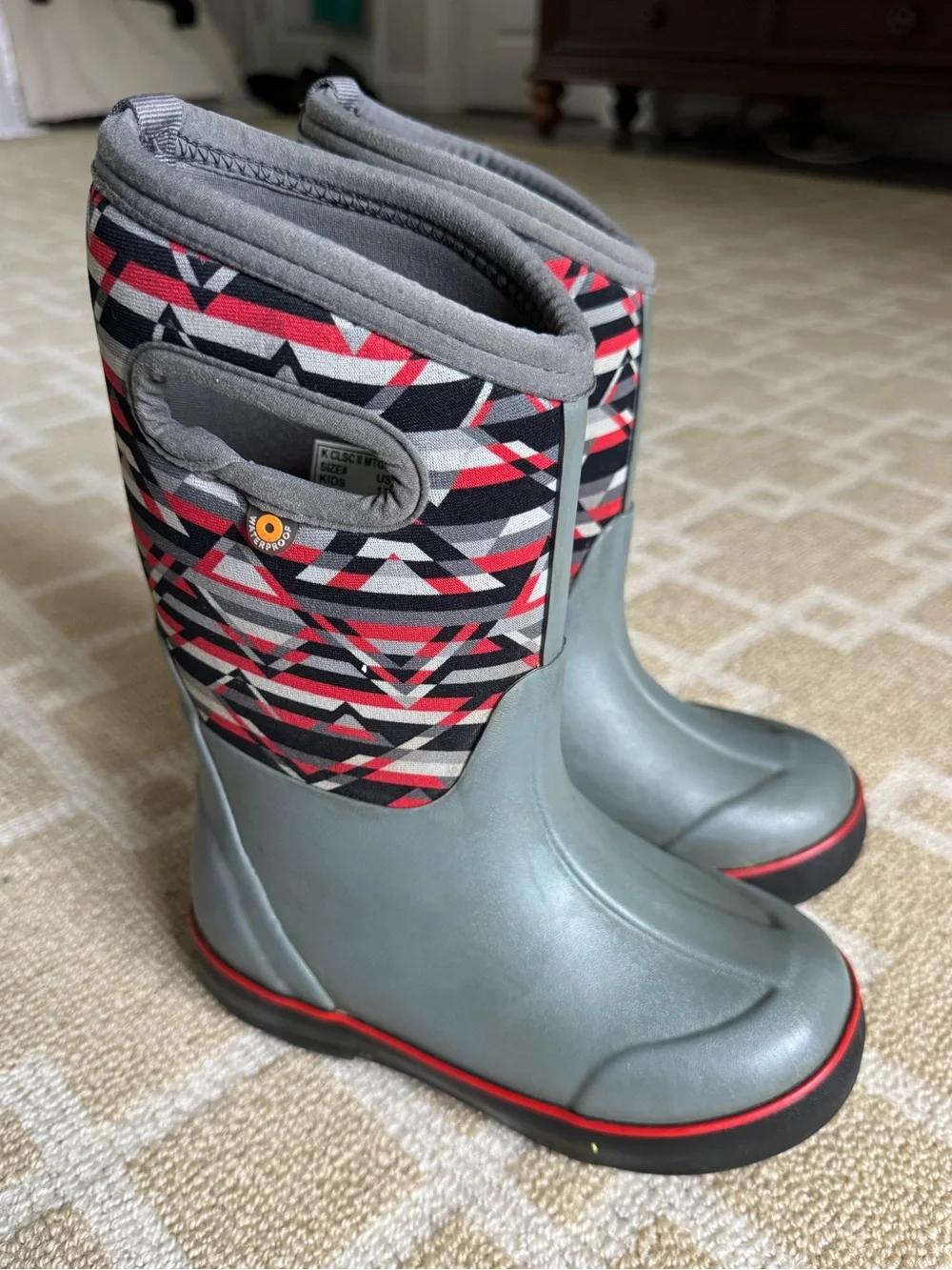 BOGS Classic II Mid Geometric Waterproof Insulated Boots Gray Red Kids 13